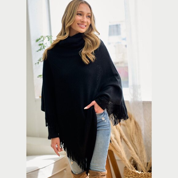 ON BLUE Black Light Weight Cowl Neck Poncho - Picture 9 of 16